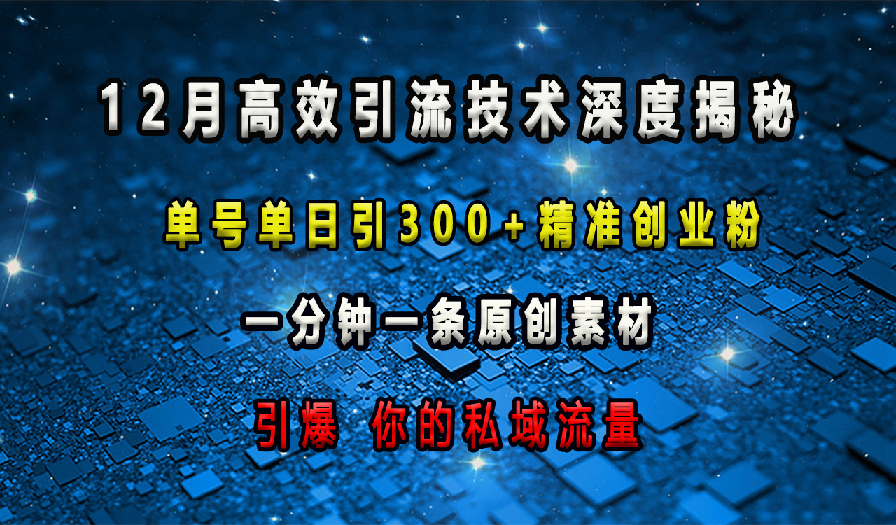 12月高效引流技术深度揭秘 ,单号单日引300+精准创业粉,一分钟一条原创素材,引爆你的私域流量-我要呀资源酷