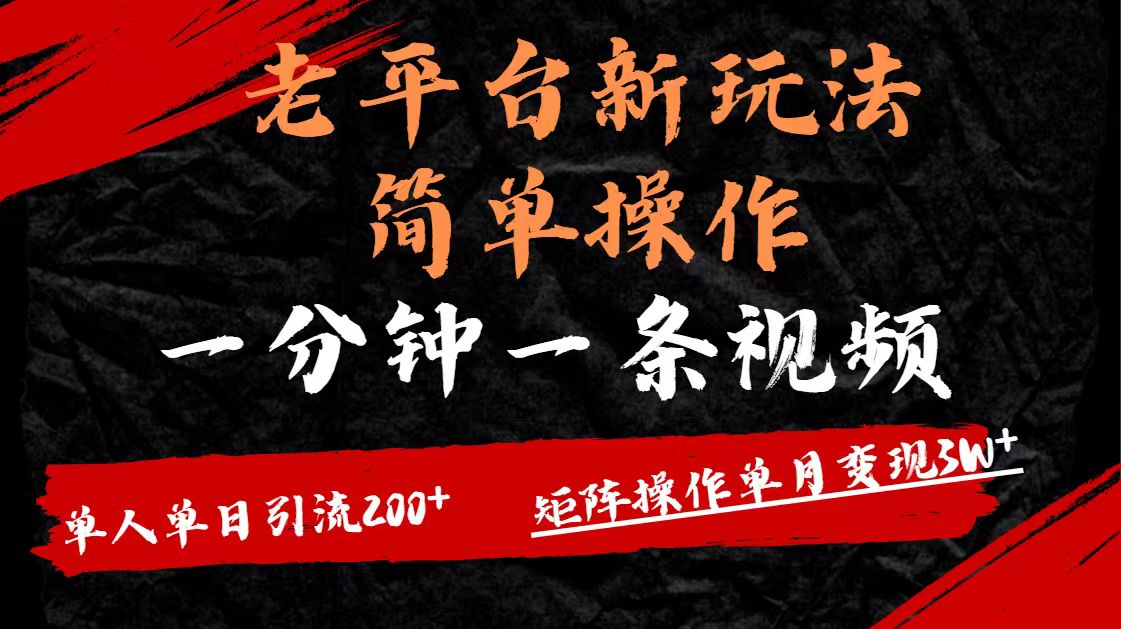 老平台，新玩法，简单操作，一分钟一条视频，单人单人引流200+矩阵操作，单月变现3W-我要呀资源酷