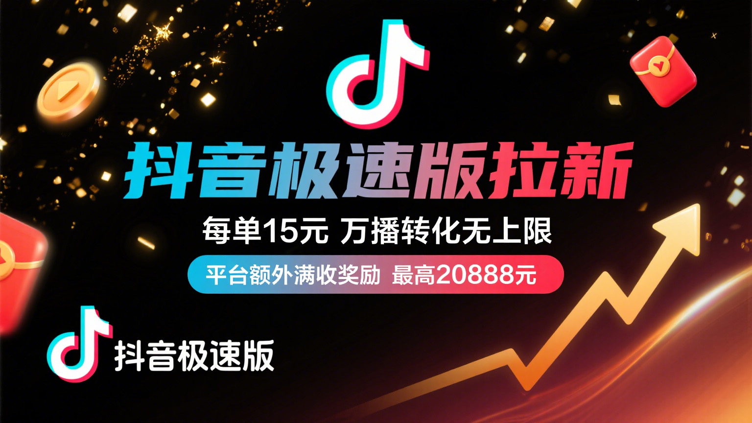 抖音极速版放福利，每单15元，万播转化无上限，平台额外满收奖励，最高可领20888元-我要呀资源酷