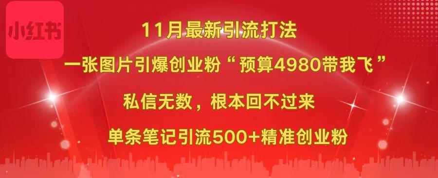 小红书11月最新图片打法，一张图片引爆创业粉“预算4980带我飞”，私信无数，根本回不过来，单条笔记引流500+精准创业粉-我要呀资源酷