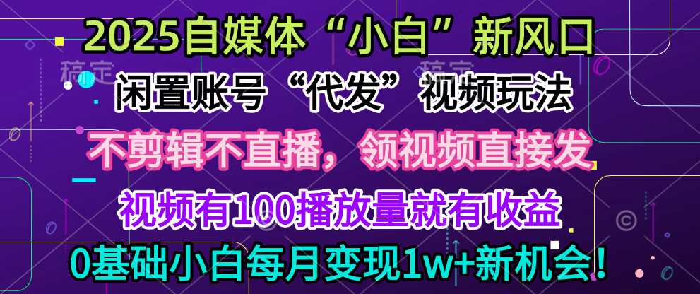 2025每月躺赚5w+新机会,闲置视频账号一键代发玩法,0粉不实名不剪辑,领了视频直接发,0基础小白也能日入300+-我要呀资源酷