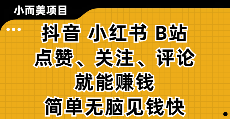 小而美的项目,抖音、小红书、B站视频点赞、关注、评论就能赚钱,简单无脑立见收益!妥妥的零撸项目-我要呀资源酷
