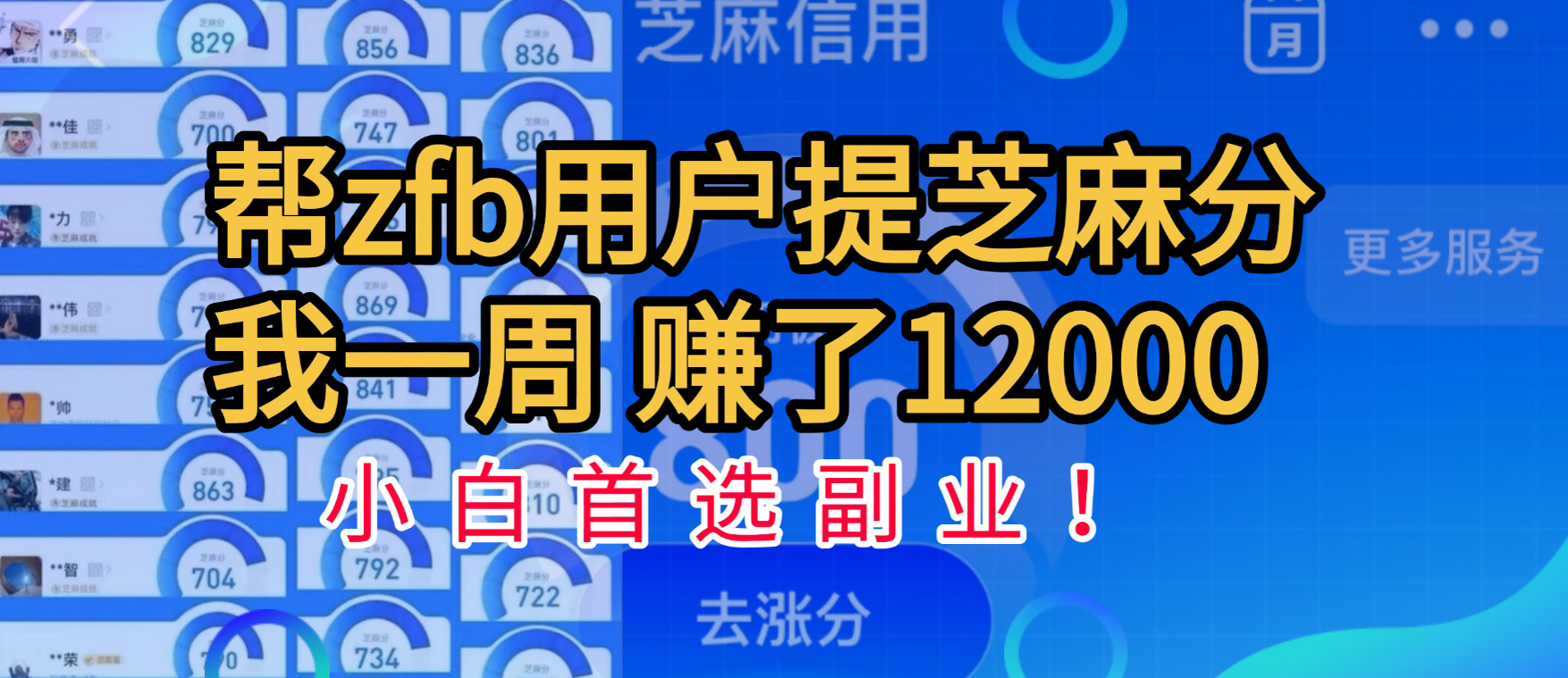 帮支付宝用户提升芝麻分,一周赚了一万二!小白首选副业!-我要呀资源酷