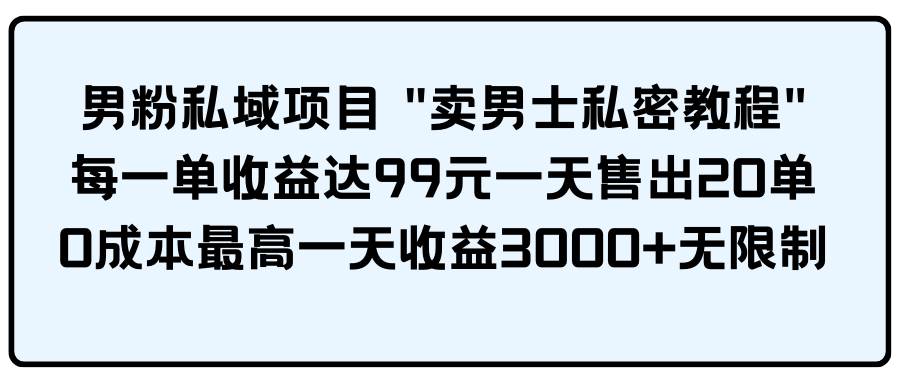 男粉私域项目 卖男士私密教程 每一单收益达99元一天售出20单-我要呀资源酷