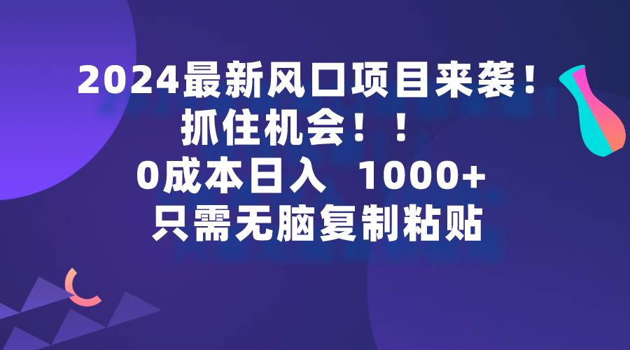 2024最新风口项目来袭，抓住机会，0成本一部手机日入1000+，只需无脑复…-我要呀资源酷