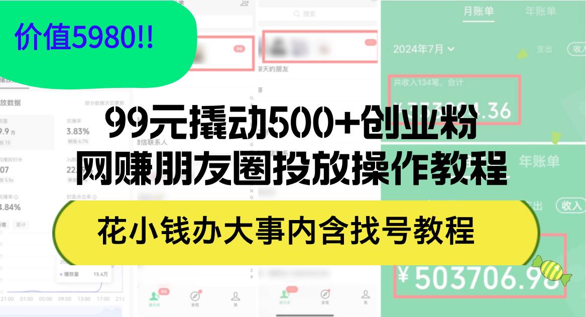 99元撬动500+创业粉，网赚朋友圈投放操作教程价值5980！花小钱办大事内…-我要呀资源酷