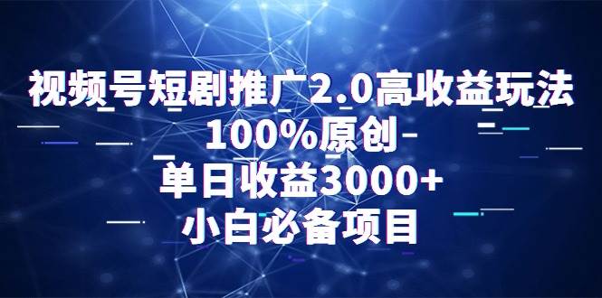 视频号短剧推广2.0高收益玩法，100%原创，单日收益3000+，小白必备项目-我要呀资源酷